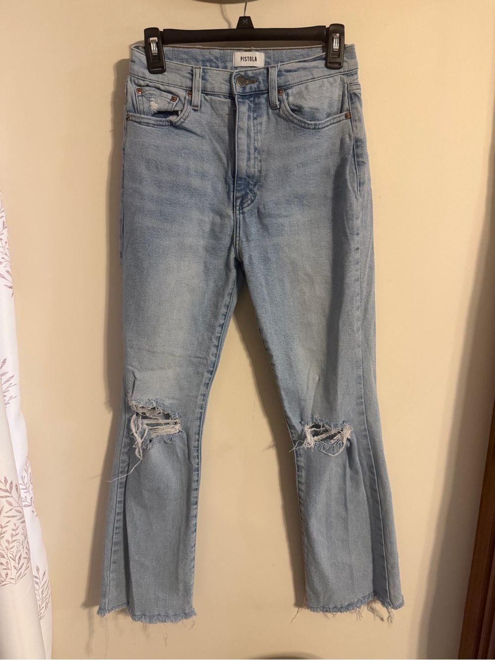 Pistola Women’s Size 27 Distressed Jeans Light Wash High Rise Raw Hem Straight